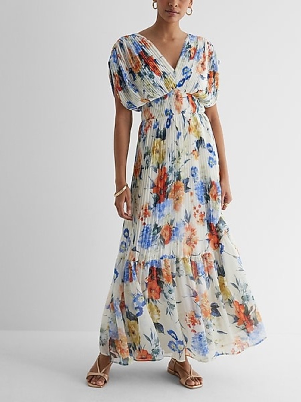 NWT Express | Floral Draped Sleeve Pleated Maxi Dress, size M